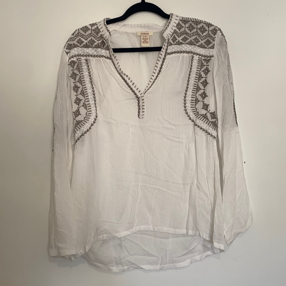 Sundance Embroidered Long Sleeve Top blouse rayon lightweight summer blouse m